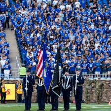 The Detachment 585 Color Guard proudly presented the colors during Duke Football’s season opener at Elon University. Photo: Josh Cho